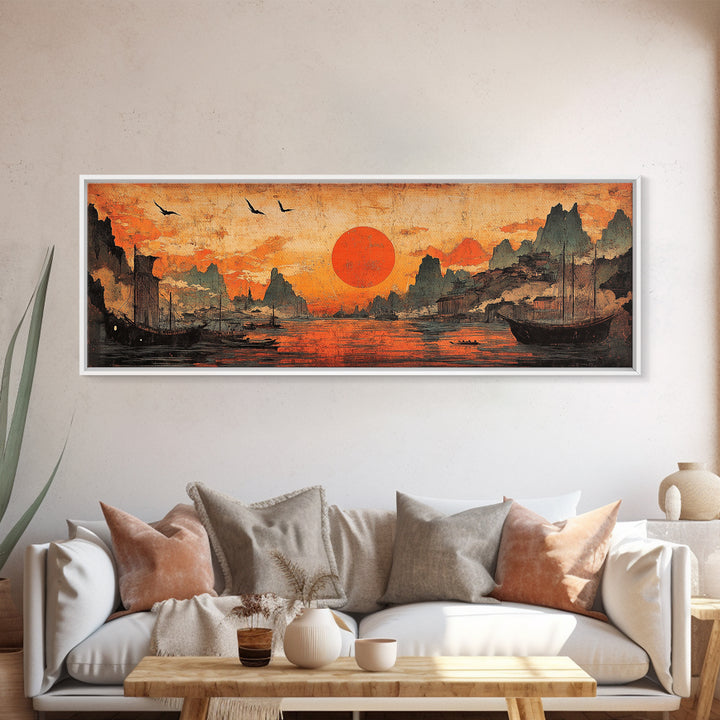 Orange Sunset Harbor Wall Art, Asian Landscape Canvas Print, Coastal Seascape Decor, Panoramic Living Room Art, Above Sofa Art