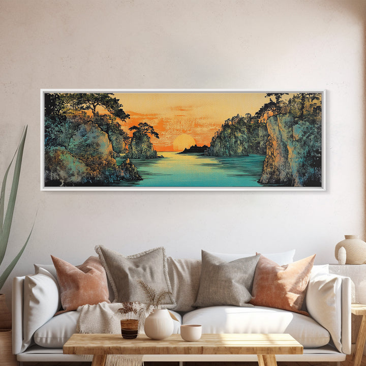 Teal River Canyon Sunset Framed Canvas Print, Coastal Landscape Wall Art, Japandi Decor, Panoramic Above Sofa Art For Living Room Decor
