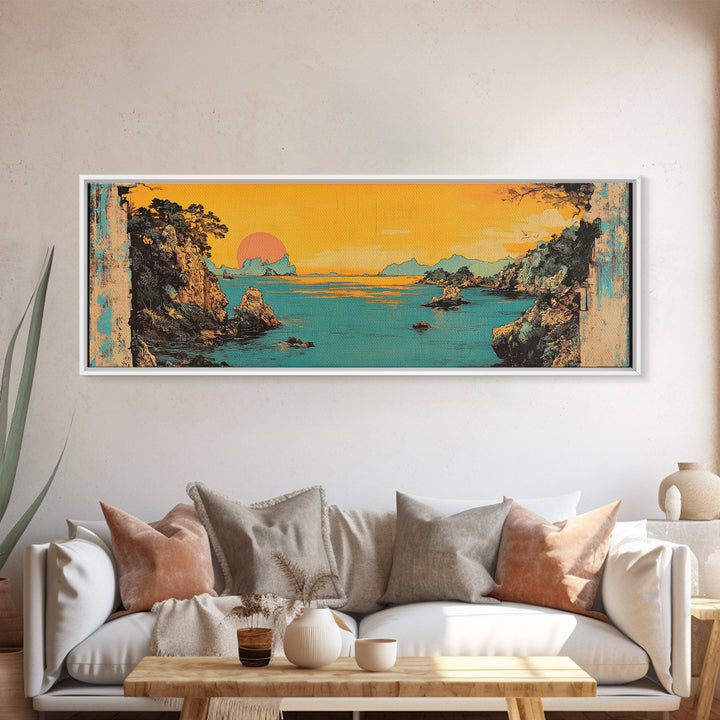 Turquoise Sea Cliff Sunset Canvas Print, Coastal Wall Art, Japanese Landscape Decor, Panoramic Beach House Wall Decor, Large Art
