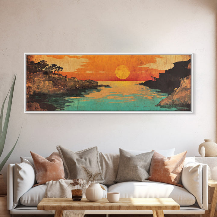 Orange Sunset River Inlet Wall Art, Japanese Coastal Canvas Print, Tranquil Landscape Decor, Above Bed Living Room Art, Large Art