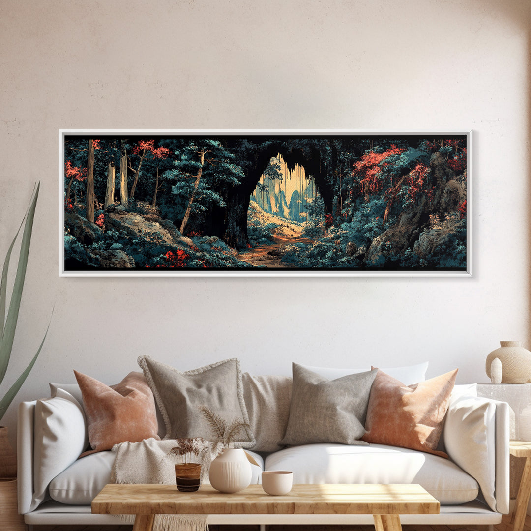 Dark Forest Cave Path Canvas Print, Moody Landscape Wall Art, Fantasy Woodland Decor, Panoramic Statement Living Room Art