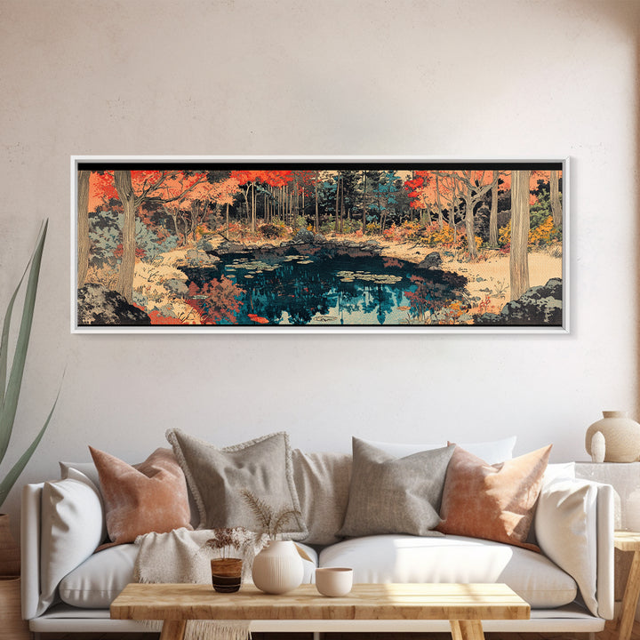Autumn Forest Pond Reflection Wall Art, Japanese Landscape Canvas, Rustic Nature Decor, Panoramic Living Room Print For Home Decor