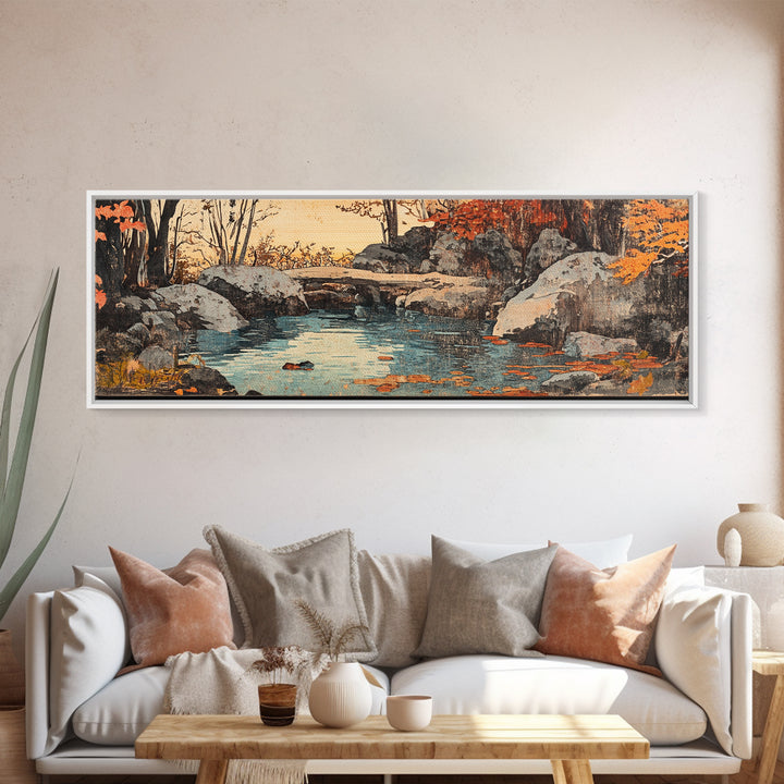 Autumn Rocky Creek Canvas Print, Japanese Landscape Painting, Rustic Nature Wall Decor, Panoramic Living Room Art, Home Decor