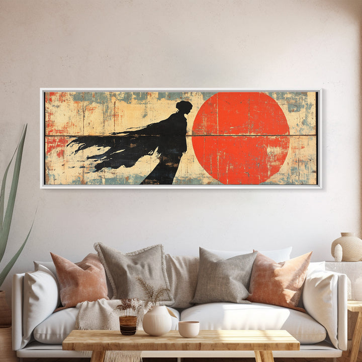 Shadow Samurai Red Sun Wall Art, Japanese Warrior Canvas, Dark Fantasy Decor, Bold Panoramic Office And Living Room Print