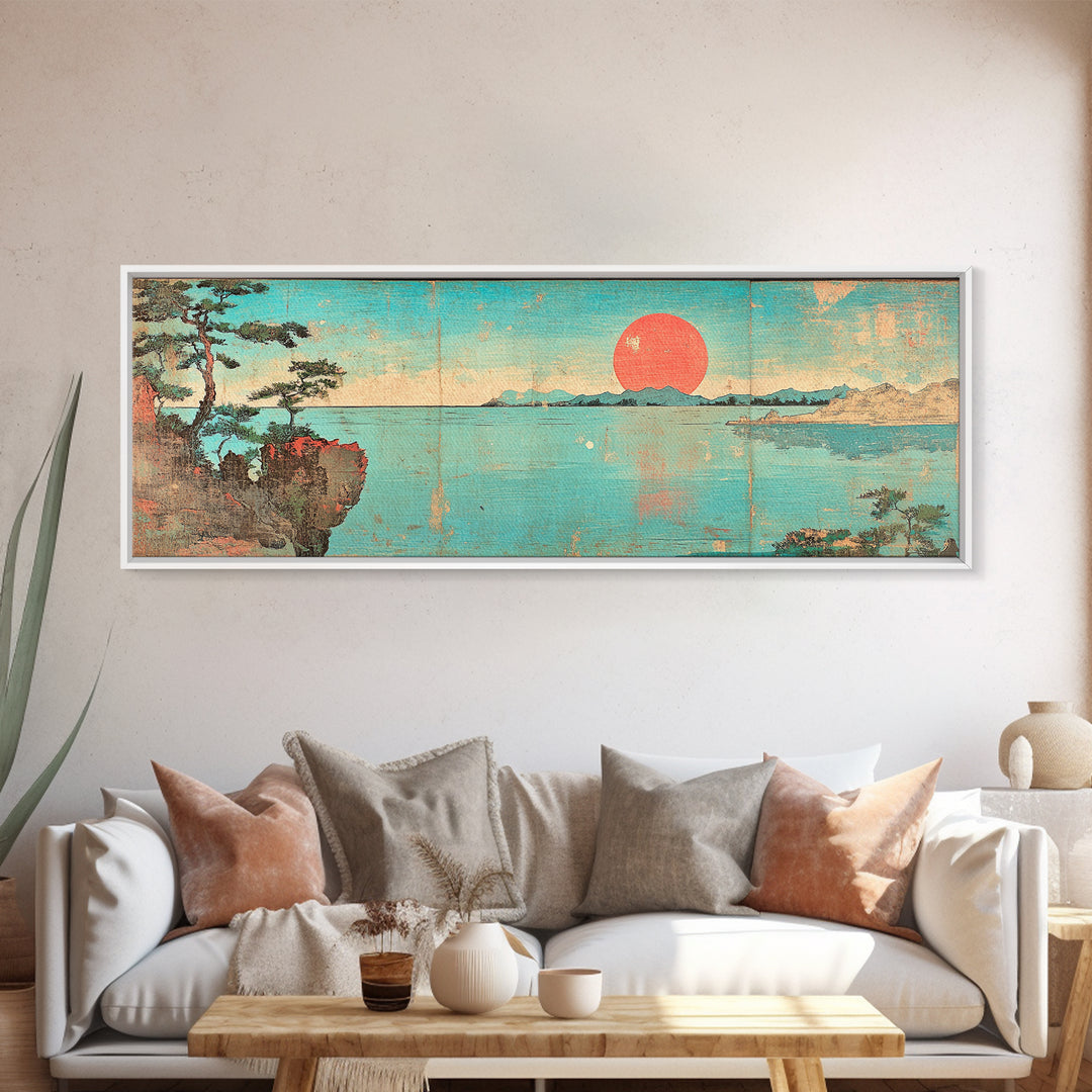 Turquoise Japanese Sea Sunset Framed Canvas Print, Coastal Landscape Wall Decor, Minimalist Panoramic Living Room Art Print