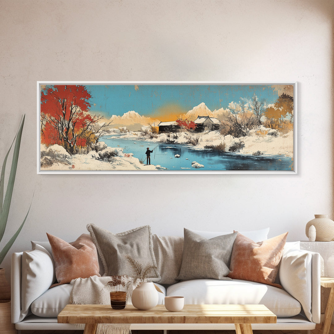 Snowy Mountain Village Wall Art, Japanese Winter Landscape Canvas, Serene Nature Decor, Panoramic Living Room Art Print For Home Decor