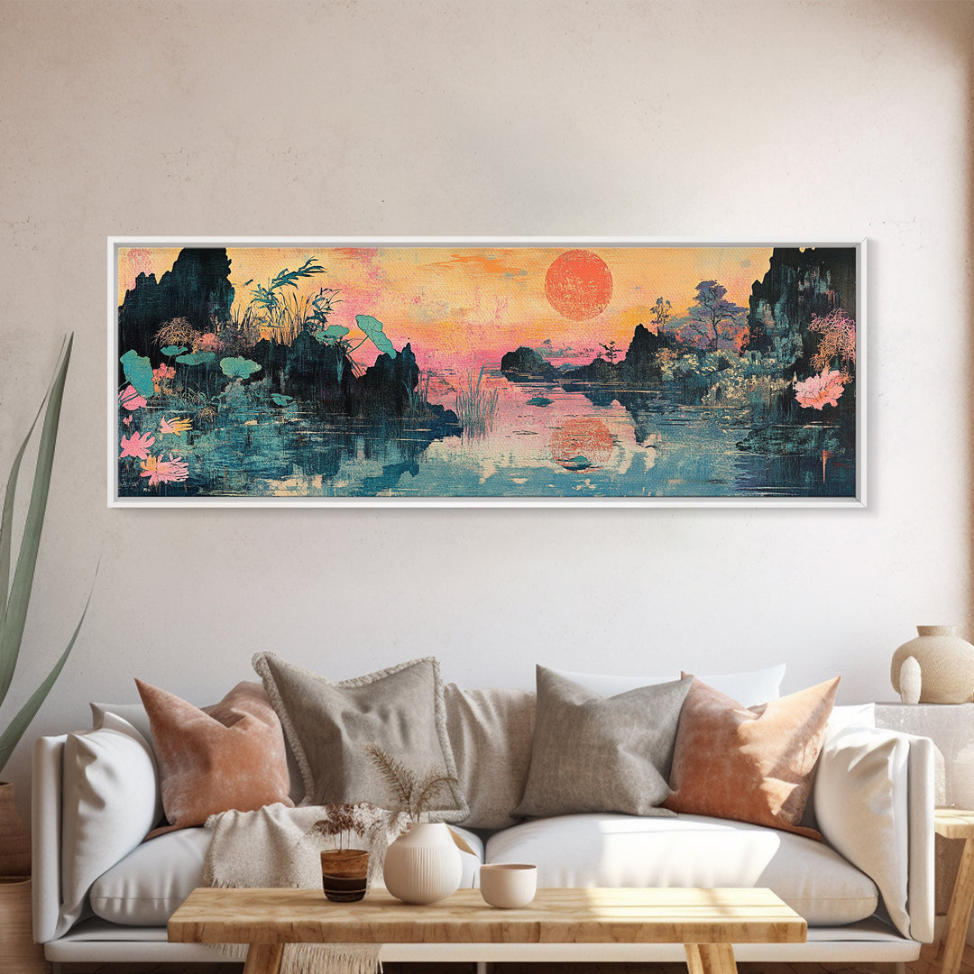 Lotus Lake Sunset With Red Sun And Mountains Wall Art, Japanese Landscape Canvas Print, Japandi Decor, Panoramic Wall Decor