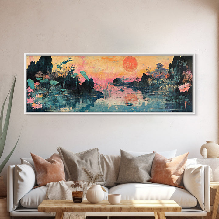Lotus Lake Sunset With Red Sun And Mountains Wall Art, Japanese Landscape Canvas Print, Japandi Decor, Panoramic Wall Decor