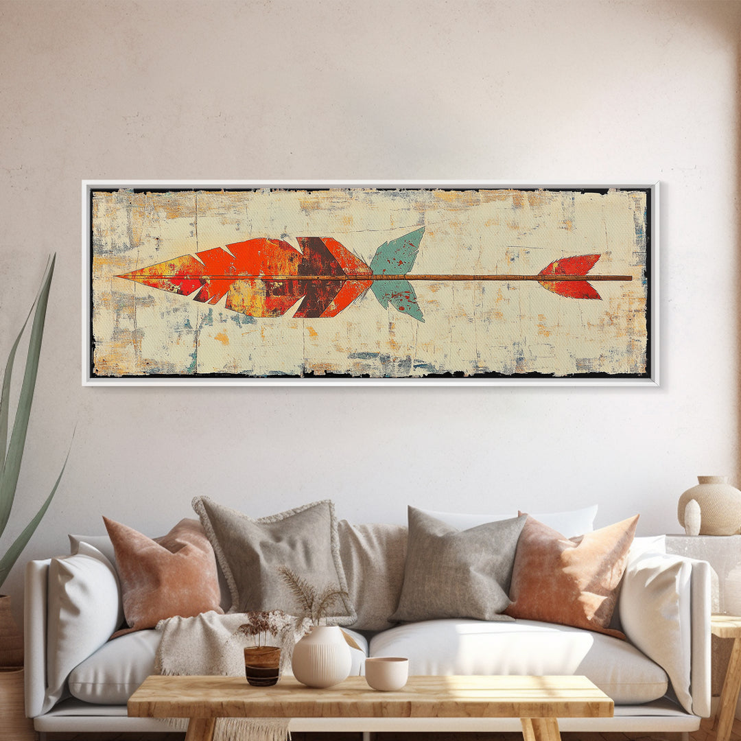Rustic Painted Arrow With Red Feathers Wall Art, Southwestern Canvas Print, Boho Western Decor, Long Horizontal Art Print