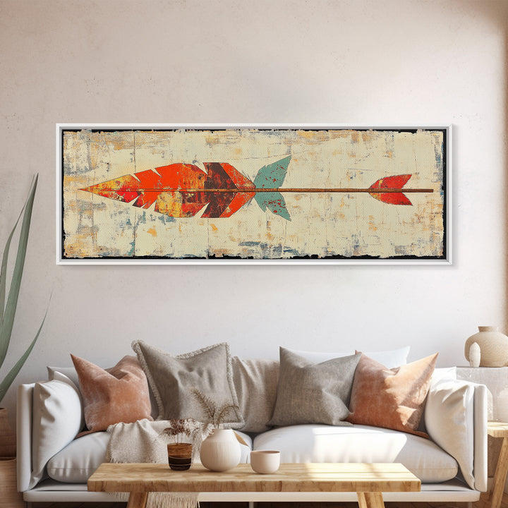 Rustic Painted Arrow With Red Feathers Wall Art, Southwestern Canvas Print, Boho Western Decor, Long Horizontal Art Print