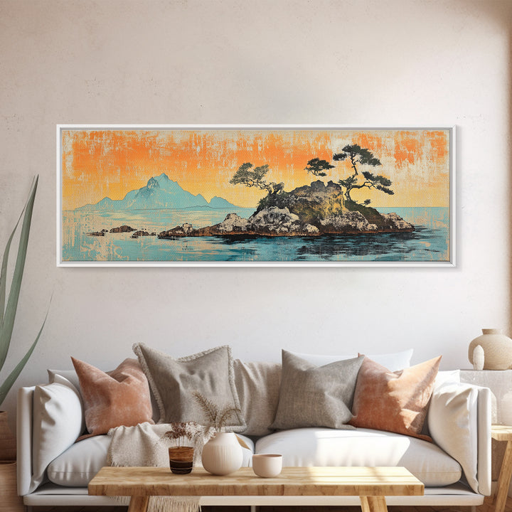 Rocky Island Pines On Calm Sea Wall Art, Japanese Coastal Landscape Canvas Print, Orange Sunset Decor, Wide Panoramic Art