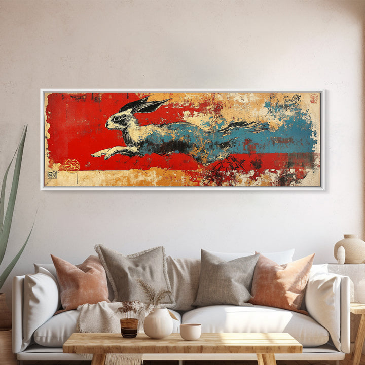 Running Hare Over Red And Blue Brushstrokes Wall Art, Japanese Rabbit Canvas Print, Whimsical Animal Decor, Bold Wall Decor