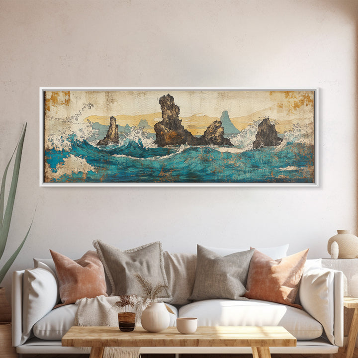 Jagged Sea Stacks In Turquoise Waves Wall Art, Large Panoramic Coastal Seascape Canvas Print, Nautical Decor, Moody Landscape Art