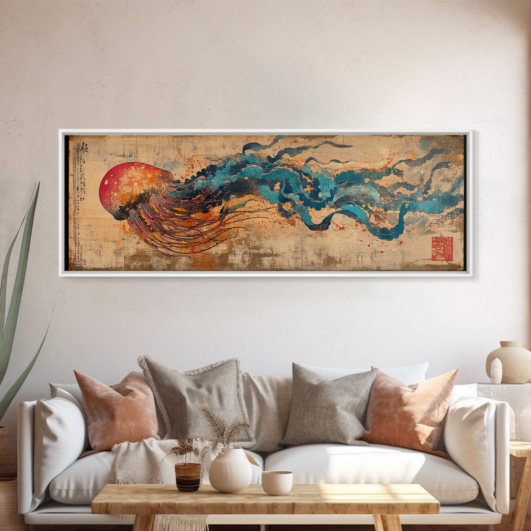 Abstract Jellyfish With Red Sun And Blue Waves Wall Art, Japanese Ocean Canvas Print, Marine Life Decor, Statement Artwork