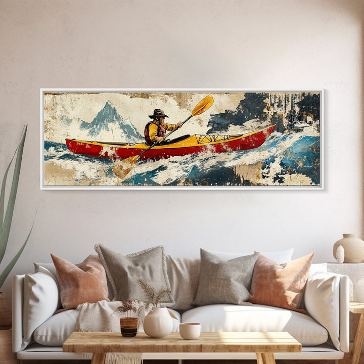 Red Canoe Kayaker In Whitewater Mountains Wall Art, Adventure Landscape Canvas Print, Lake House Decor, Cabin Wall Decor