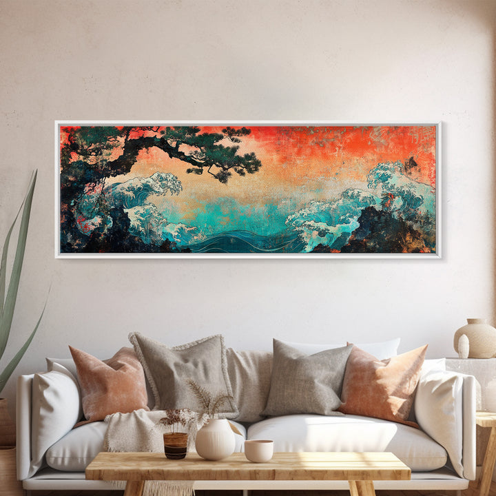 Stormy Teal Ocean Waves And Pine Branch Wall Art, Japanese Seascape Canvas Print, Coastal Decor, Long Horizontal Art, Living Room Decor