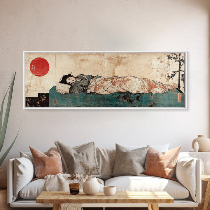 Sleeping Woman Under Floral Quilt Canvas Print, Japanese Bedroom Wall Art, Red Sun Decor, Serene Minimalist Art, Japandi Home Decor