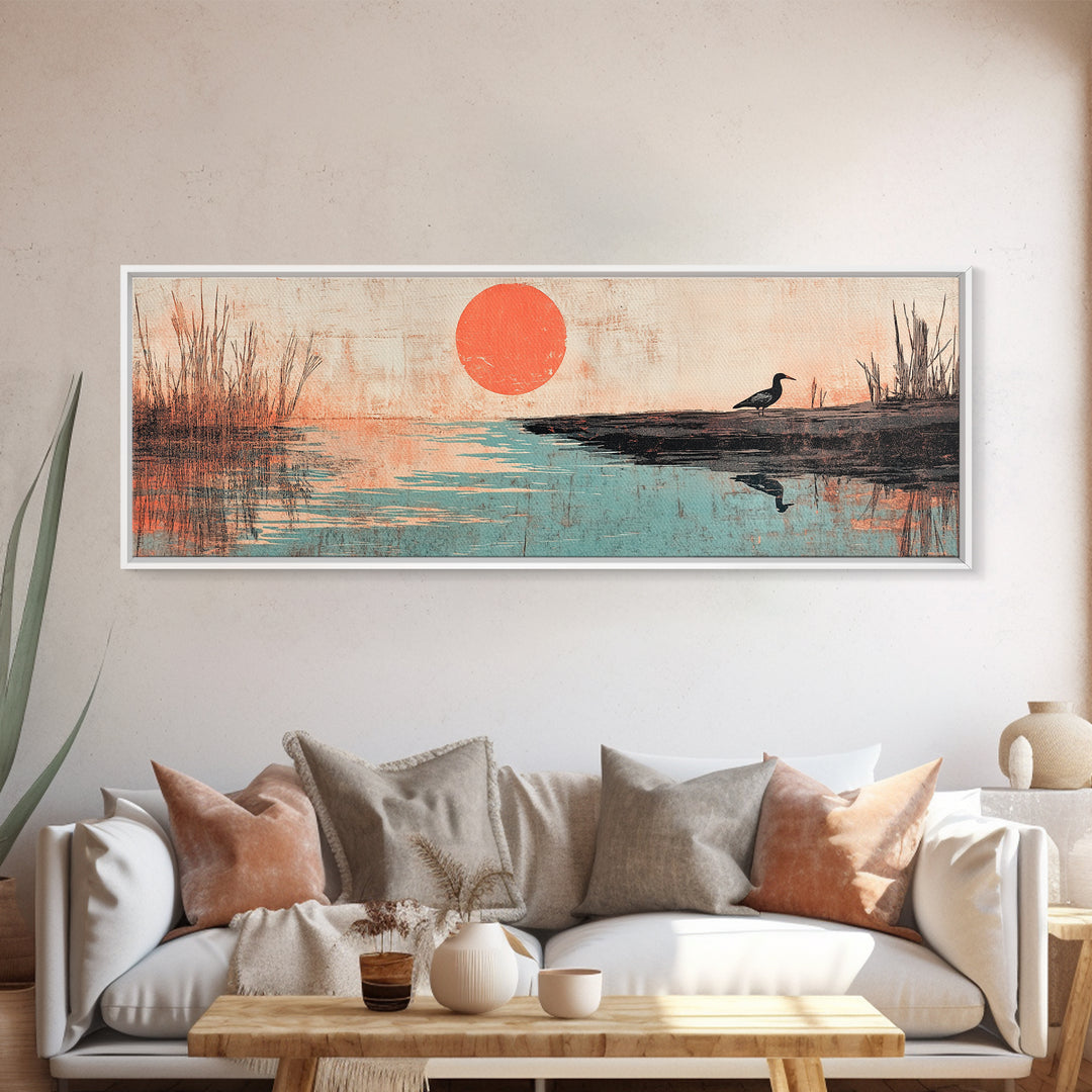 Red Sun Over Still Lake And Lone Bird Wall Art, Japanese Landscape Canvas Print, Peaceful Nature Decor, Wide Wall Art, Zen Decor