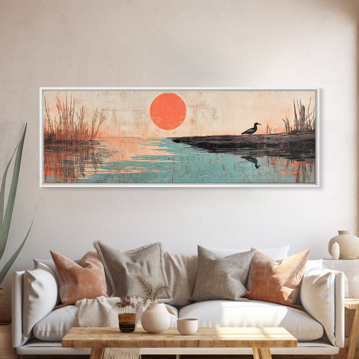 Red Sun Over Still Lake And Lone Bird Wall Art, Japanese Landscape Canvas Print, Peaceful Nature Decor, Wide Wall Art, Zen Decor