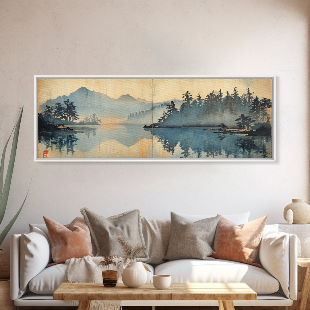 Misty Blue Mountain Lake And Pine Forest Wall Art, Japanese Landscape Canvas Print, Nature Decor, Calming Living Room Art