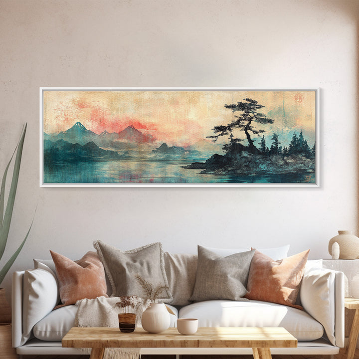 Red Mist Mountains With Lone Pine Wall Art, Japanese Landscape Canvas Print, Moody Nature Decor, Panoramic Living Room Art