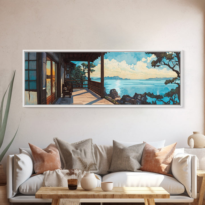 Sunny Japanese Veranda Over Blue Sea Canvas Print, Coastal Wall Art, Beach House Decor, Japandi Living Room Wall Art, Home Decor