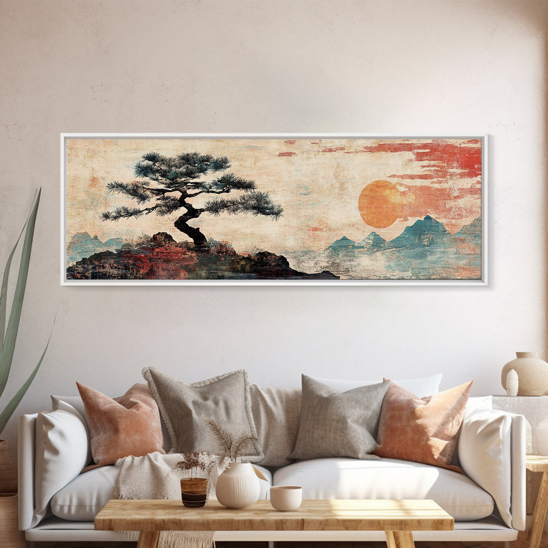 Solitary Pine And Orange Sun Wall Art, Japanese Mountain Landscape Canvas Print, Zen Decor, Minimalist Nature Wall Art, Japandi Decor