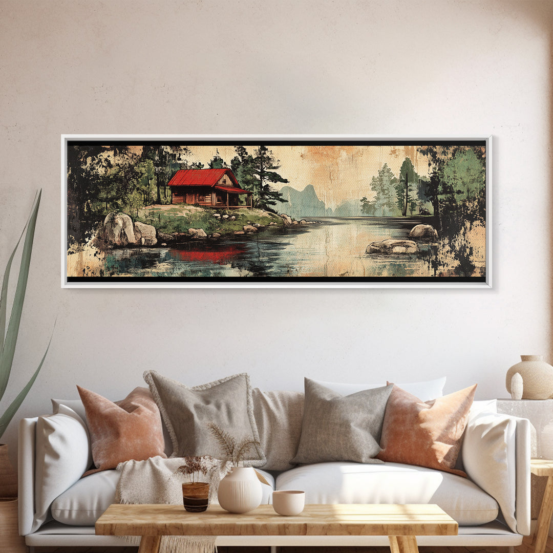 Rustic Red Roof Cabin Beside Forest Lake Framed Canvas Print, Mountain Landscape Wall Art, Cabin Decor, Housewarming Gift