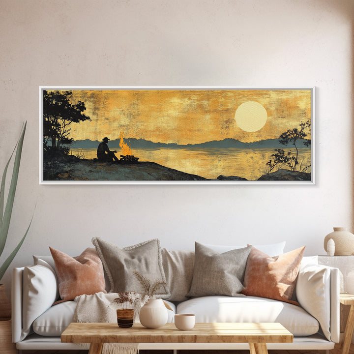 Lakeside Campfire Silhouette Under Golden Sunset Wall Art, Rustic Cabin Canvas Print, Nature Landscape, Lake House Decor, Gift For Him