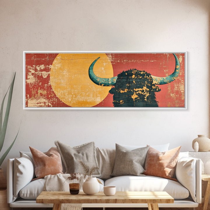 Bold Highland Cow Silhouette With Turquoise Horns Canvas Print, Western Wall Art, Rustic Home Decor, Southwestern Gift For Him