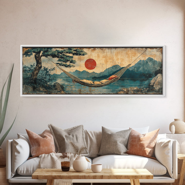 Mountain Lake Hammock Beneath Red Sun Wall Art, Japandi Landscape Canvas Print, Tranquil Zen Decor, Above Bed Art, Living Room Decor