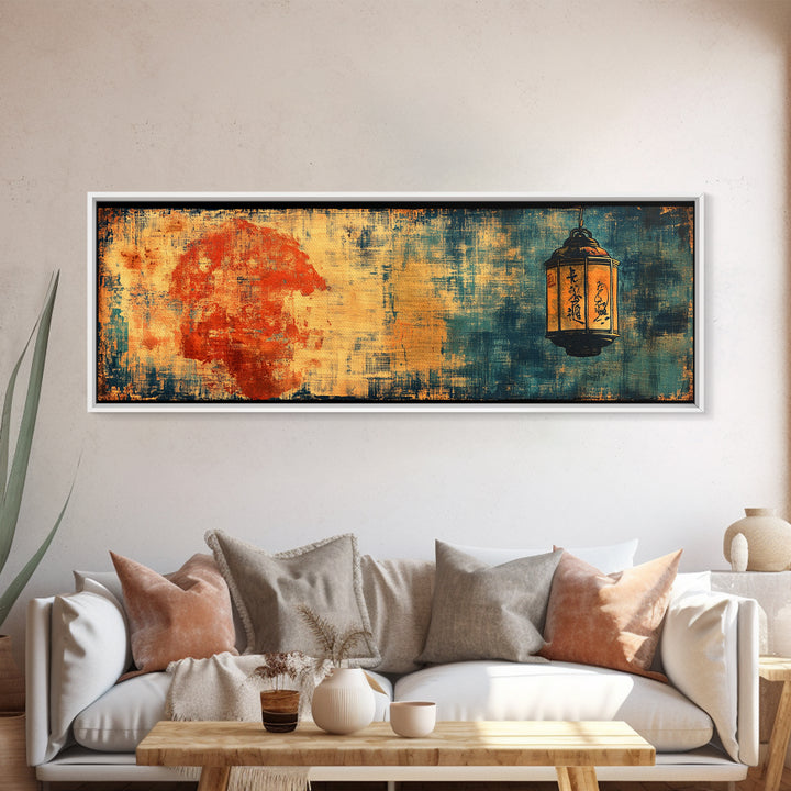 Red Sun And Hanging Lantern On Blue Textured Wall Art, Asian Inspired Canvas Print, Japanese Decor, Moody Abstract Art Print