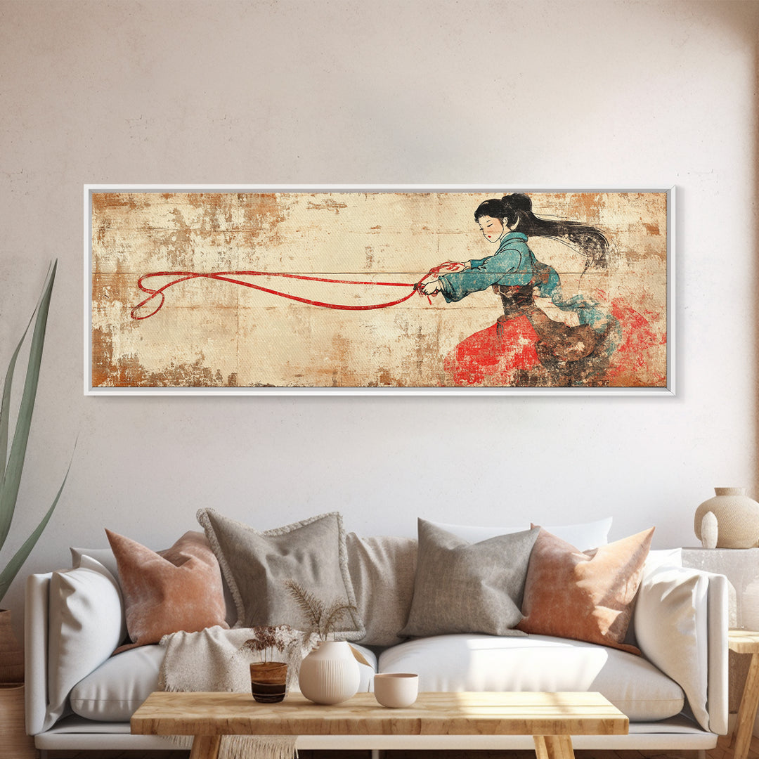 Asian Warrior Woman With Flowing Red Ribbon Canvas Print, Martial Arts Wall Art, Strong Female Art, Japanese Decor Gift For Her