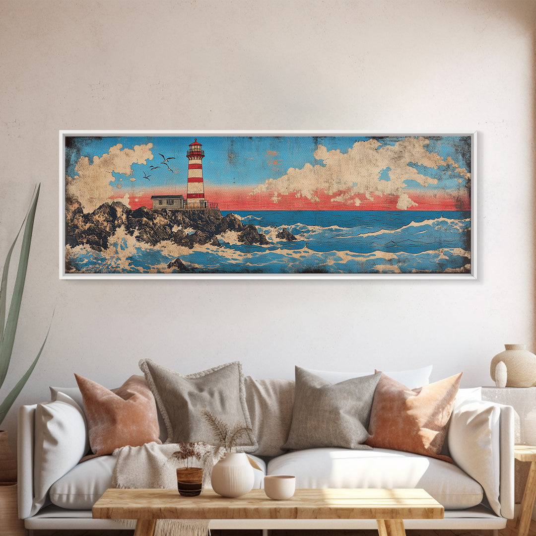 Striped Lighthouse On Rocky Shore With Ocean Waves Wall Art, Nautical Canvas Print, Coastal Decor, Beach House Gift, Seascape Art