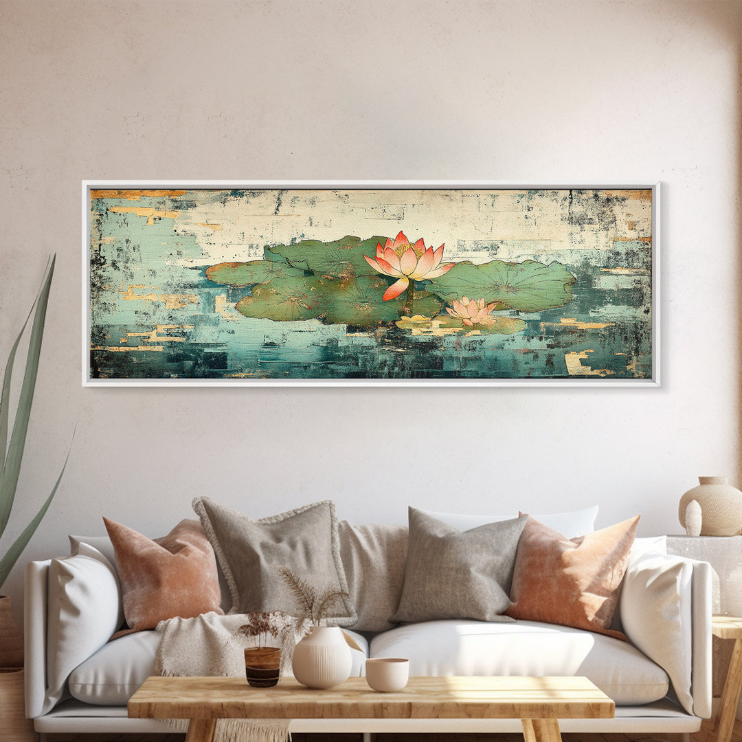 Lotus Pond Water Lily Wall Art, Asian Botanical Canvas Print, Japandi Zen Home Decor, Tranquil Nature Gift For Her, Living Room Decor