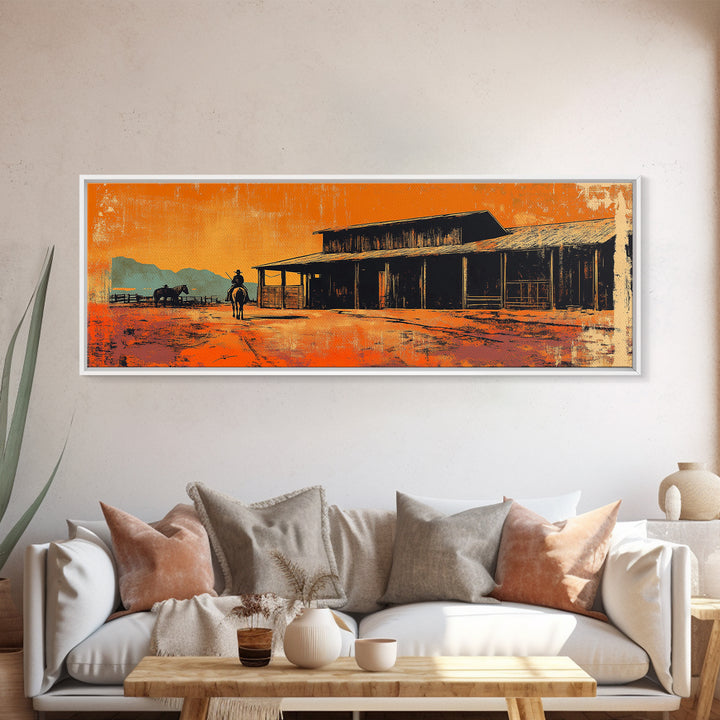 Western Cowboy Desert Saloon Wall Art, Rustic Canvas Print, Southwestern Ranch Decor, Orange Sunset Gift For Him, Man Cave Decor