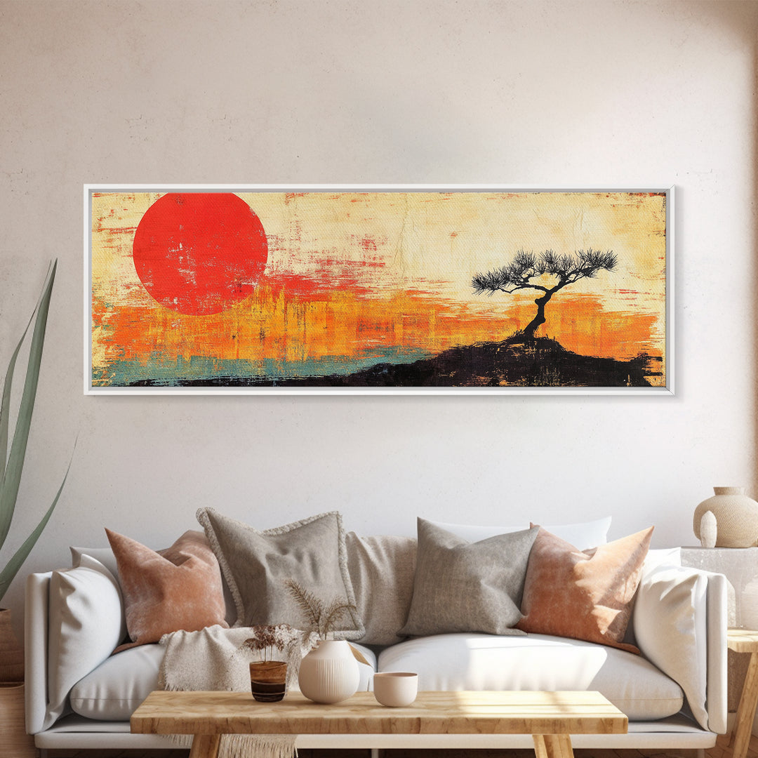 Lone Tree Red Sun Landscape Wall Art, Japandi Canvas Print, Minimalist Nature Decor, Orange Sunset Living Room Art, Above Sofa Decor