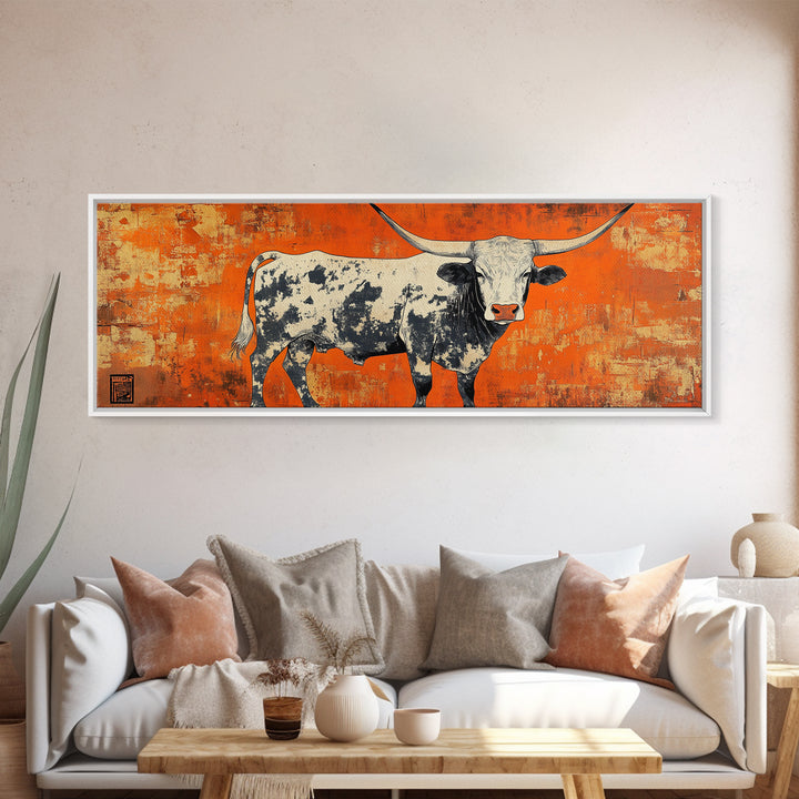 Texas Longhorn Cow On Orange Wall Art, Western Canvas Print, Rustic Ranch Decor, Southwestern Farmhouse Gift For Him, Man Cave Decor
