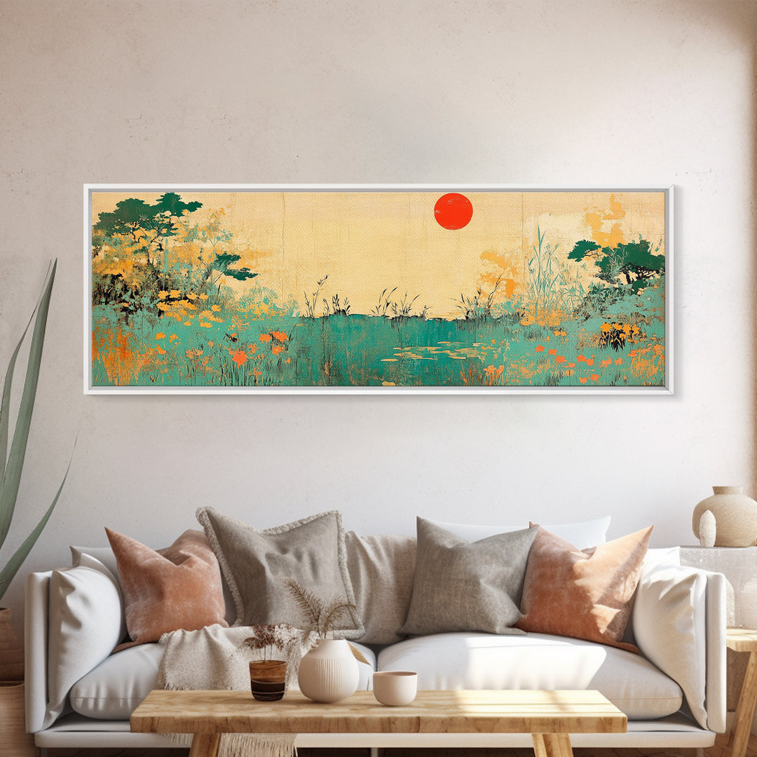 Red Sun Wildflower Marsh Landscape Wall Art, Japanese Inspired Panoramic Canvas, Nature Print, Japandi Living Room Decor