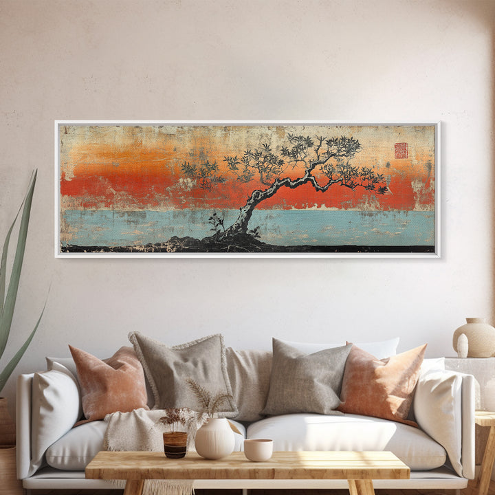 Windswept Pine Tree Sunset Canvas Print, Asian Inspired Coastal Landscape, Zen Wall Decor, Moody Living Room Art, Serene Home Decor