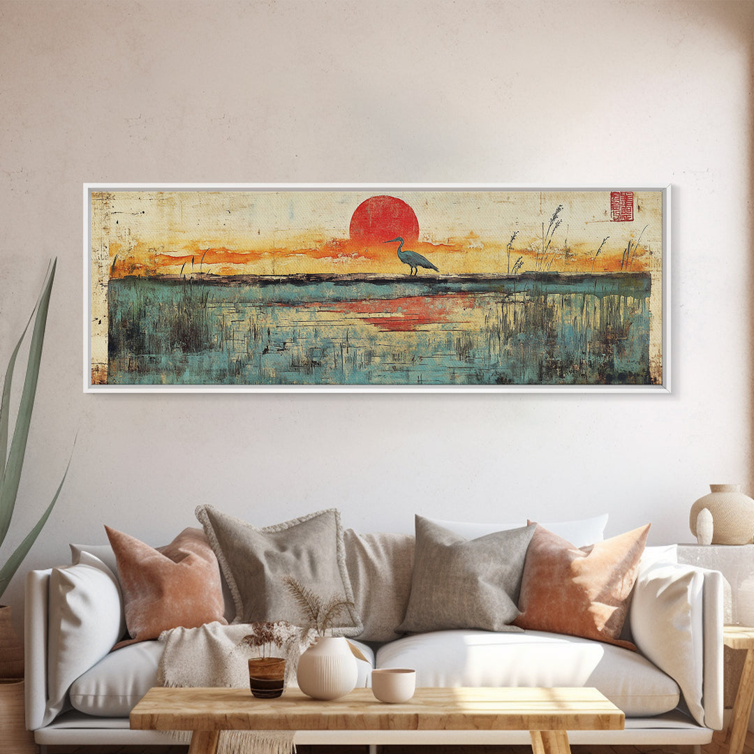 Blue Marsh Heron Red Sun Wall Art, Japanese Inspired Landscape Print, Coastal Wetlands Decor, Serene Bedroom Wall Decor Print