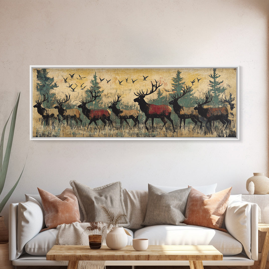 Elk Herd Forest Wildlife Wall Art, Rustic Panoramic Canvas Print, Lodge Cabin Decor, Nature Lover Gift For Him, Living Room Wall Decor