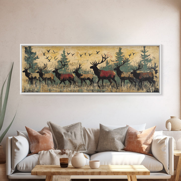 Elk Herd Forest Wildlife Wall Art, Rustic Panoramic Canvas Print, Lodge Cabin Decor, Nature Lover Gift For Him, Living Room Wall Decor