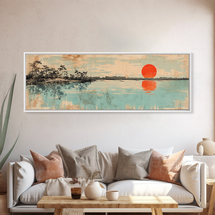 Red Sun Over Serene Teal Lake Wall Art, Japanese Landscape Print, Panoramic Canvas, Japandi Living Room Decor, Coastal Home Decor