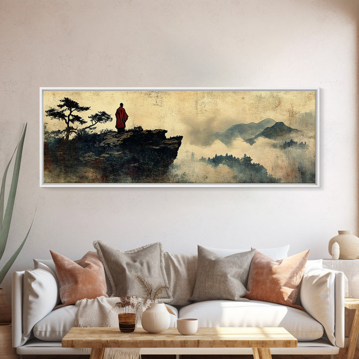 Solitary Monk On Misty Mountain Cliff Wall Art, Asian Landscape Print, Zen Meditation Decor, Japandi Office Wall Decor Art