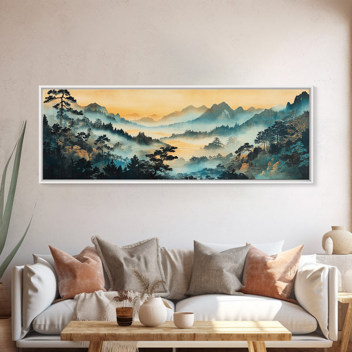 Misty Blue Mountain Valley Canvas Print, Asian Landscape Wall Art, Panoramic Nature Print, Japandi Living Room Decor, Housewarming Gift