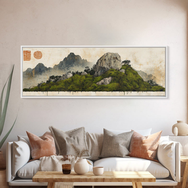 Green Moss Island With Ink Mountains Wall Art, Asian Landscape Print, Chinese Brush Style, Zen Home Decor, Office Wall Art