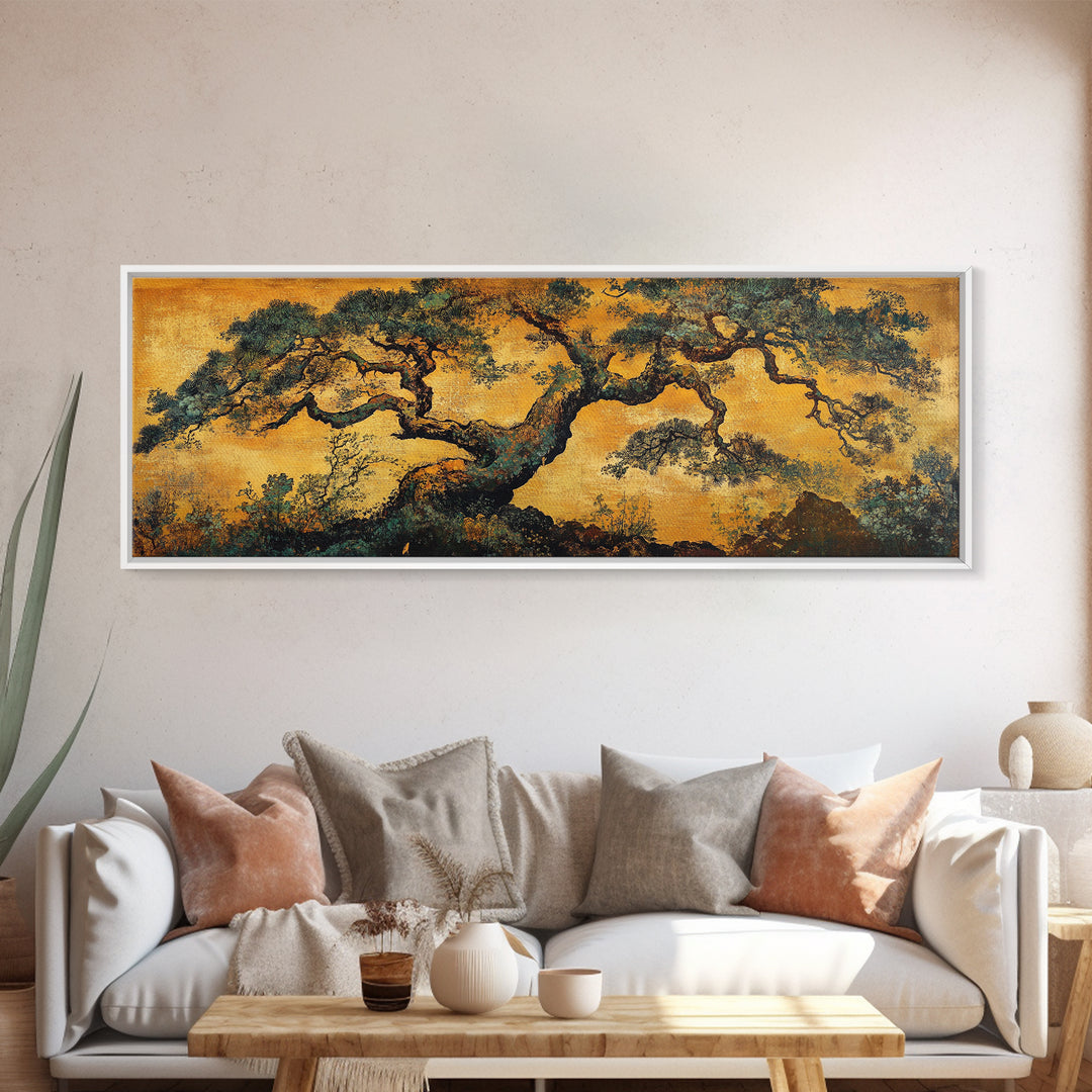 Ancient Pine Tree In Golden Forest Wall Art, Rustic Asian Landscape Print, Nature Inspired Art, Japandi Home Decor Gift For Her