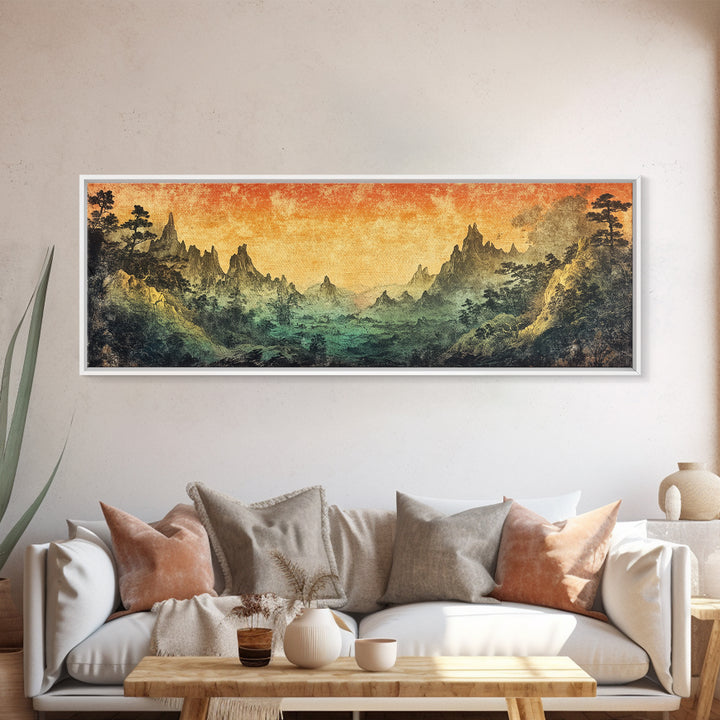 Mystical Mountain Valley At Sunset Canvas Print, Asian Landscape Wall Art, Moody Nature Decor, Panoramic Living Room Art