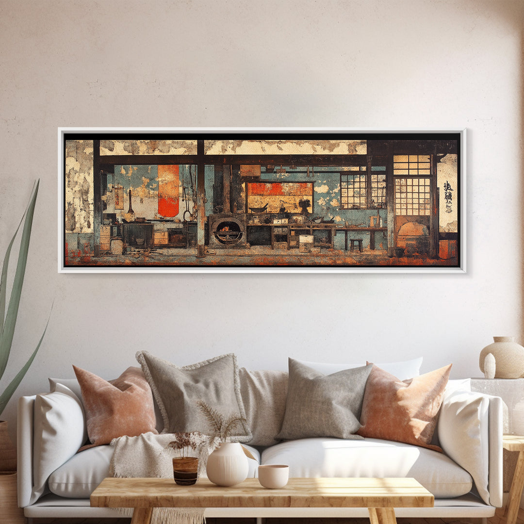 Rustic Japanese Tea House Interior Wall Art, Zen Kitchen Decor Print, Wabi Sabi Home Decor, Framed Canvas Print, Japandi Living Room Decor